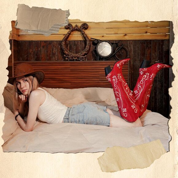 ⚡Women's Red Suede Knee High Boots Embroidered Pointed Toe Chunky Heel - Picture 6 of 8